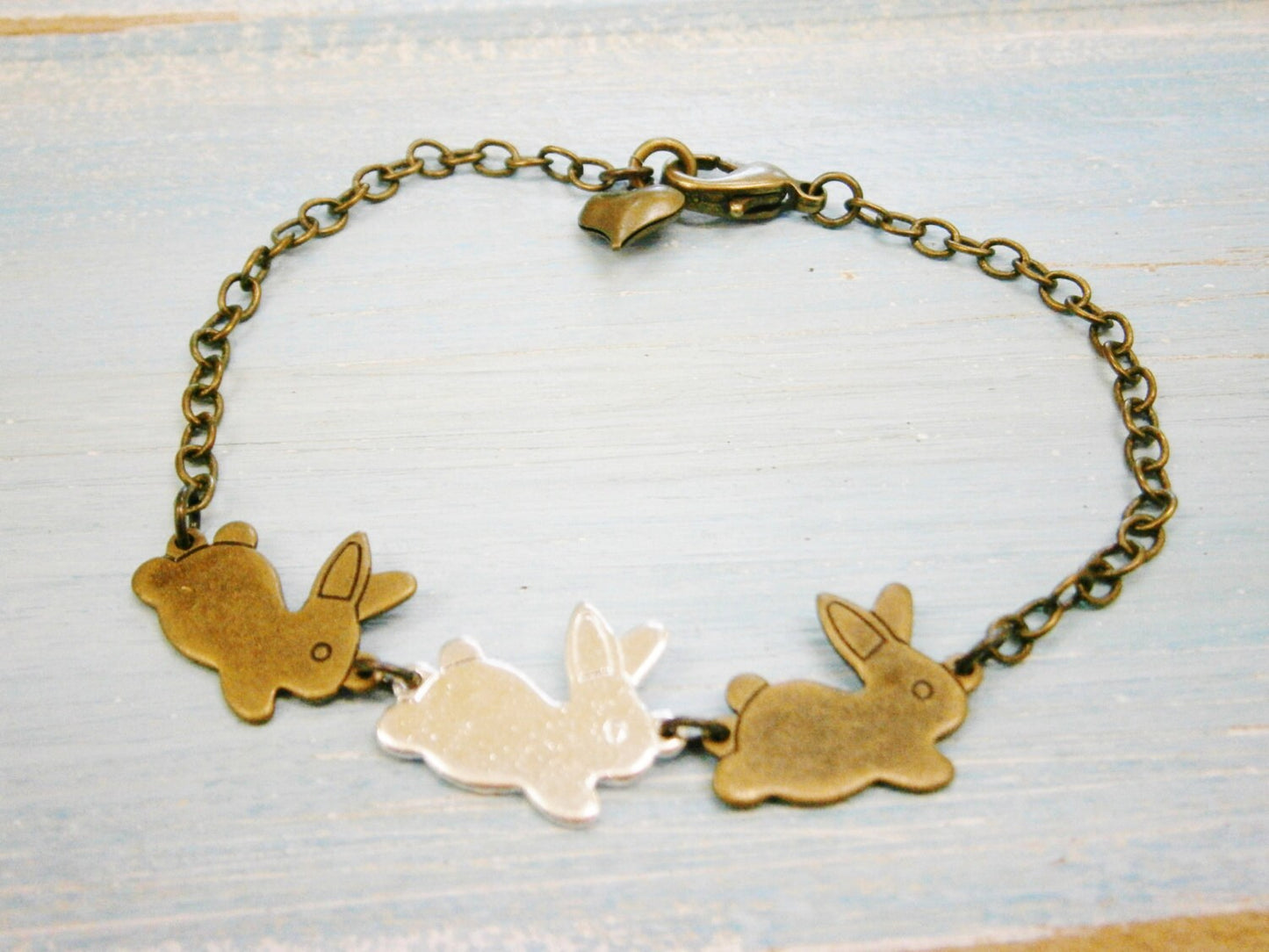 Antique Bronze & Silver Plated Three Rabbit Charm Bracelet/Boho Bracelet/Nature Inspired Bracelet/Woodland Jewelry/Flower Girl Bracelet