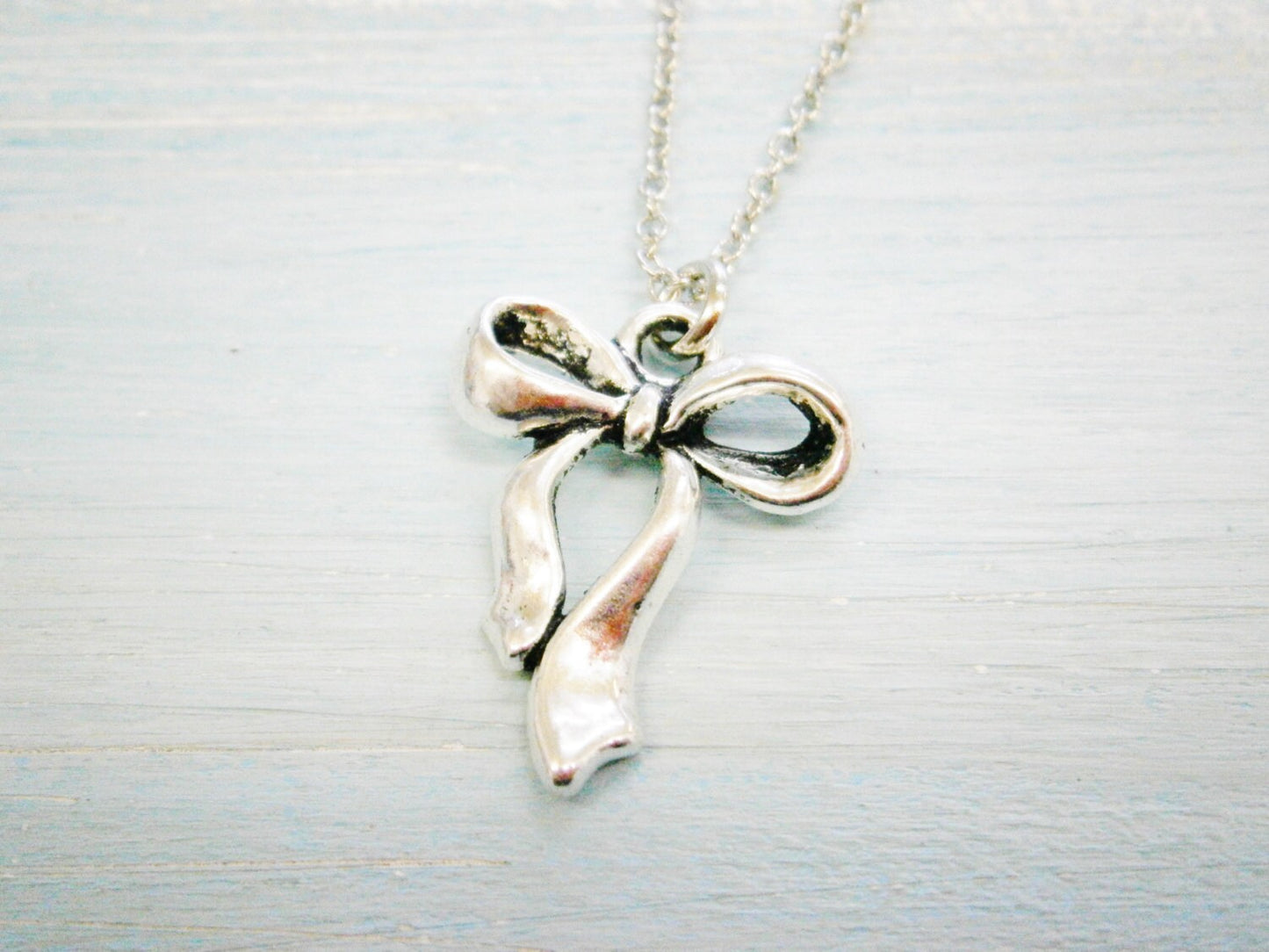 Antique Silver Ribbon Bow Charm Necklace/Boho Necklace/Bridesmaids Gifts/Charm Necklace