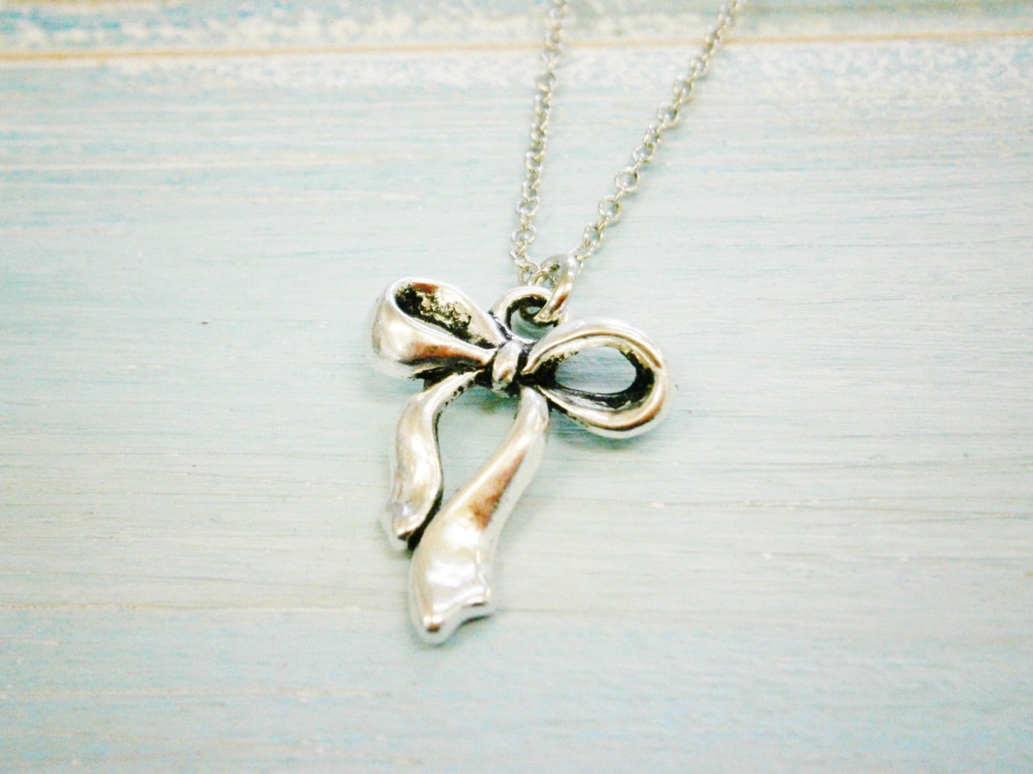 Antique Silver Ribbon Bow Charm Necklace/Boho Necklace/Bridesmaids Gifts/Charm Necklace