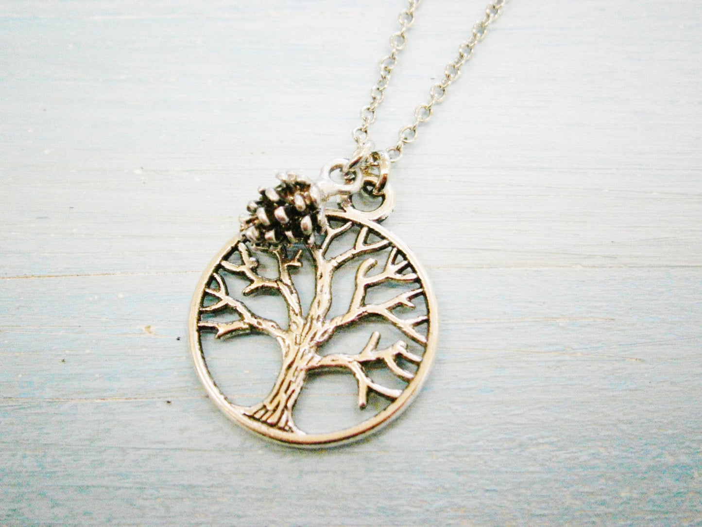 Antique Silver Filigree Small Round Tree of Life Necklace Charm with Pincone Charm/Boho Necklace/Nature Necklace/Nature Inspired Jewellery