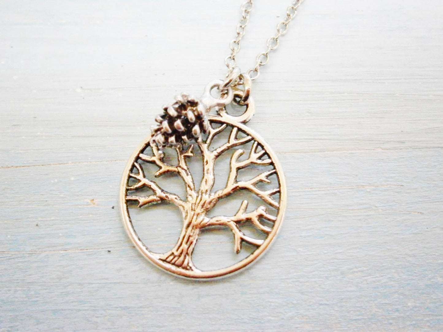 Antique Silver Filigree Small Round Tree of Life Necklace Charm with Pincone Charm/Boho Necklace/Nature Necklace/Nature Inspired Jewellery