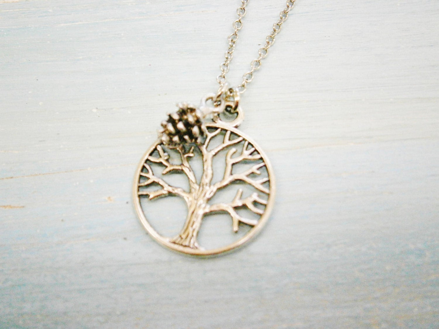 Antique Silver Filigree Small Round Tree of Life Necklace Charm with Pincone Charm/Boho Necklace/Nature Necklace/Nature Inspired Jewellery