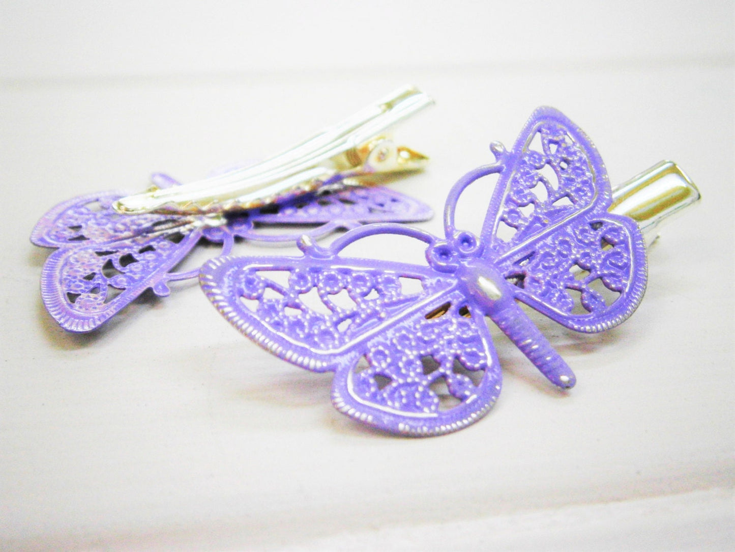 Lilac/Pale Purple Hand Painted Patina Silver Plated Butterfly Filigree Shabby Chic Alligator Hair Clip/Boho Hair Clip/Rustic Butterfly Clip.