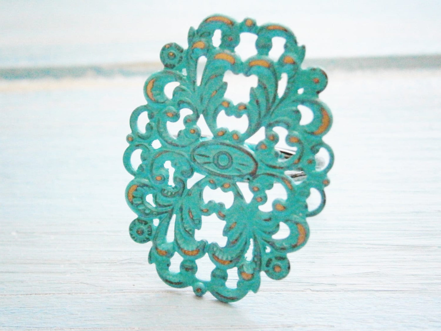 One Verdigris/Aqua/Turquoise Patina Large Filigree Adjustable Ring/Vintage Inspired/Shabby Chic Jewellery/Bohemian/Metal Ring/Filigree Ring