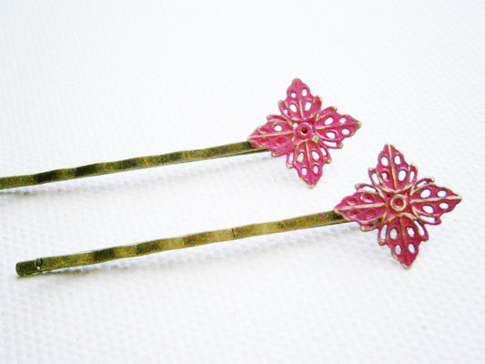 Hot Pink Filigree Patina Antique Bronze Bobby Pins Set of Two/Hair Clips/Bohemian Hair Clips/Shabby Chic Hair Clips/Bobby Pins/Vintage Style