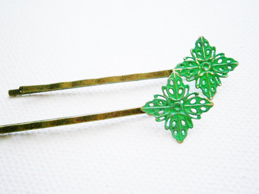 Emerald Filigree Patina Antique Bronze Bobby Pins Set of Two/Hair Clips/Bohemian Hair Clips/Shabby Chic Hair Clips/Bobby Pins/Vintage Style