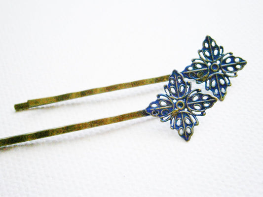 Cobalt Blue Filigree Patina Antique Bronze Bobby Pins Set of Two/Bohemian Hair Clips/Shabby Chic Hair Clips/Bobby Pins/Vintage Style