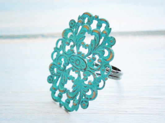 One Verdigris/Aqua/Turquoise Patina Large Filigree Adjustable Ring/Vintage Inspired/Shabby Chic Jewellery/Bohemian/Metal Ring/Filigree Ring