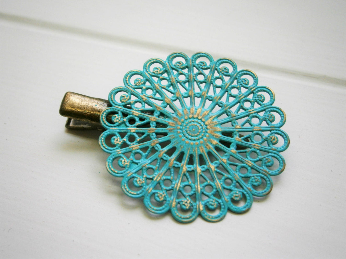 Verdigris/Turquoise Hand Painted Patina Antique Bronze Round Filigree Shabby Chic Alligator Hair Clip/Boho Hair Clip/Rustic Hair Clip.