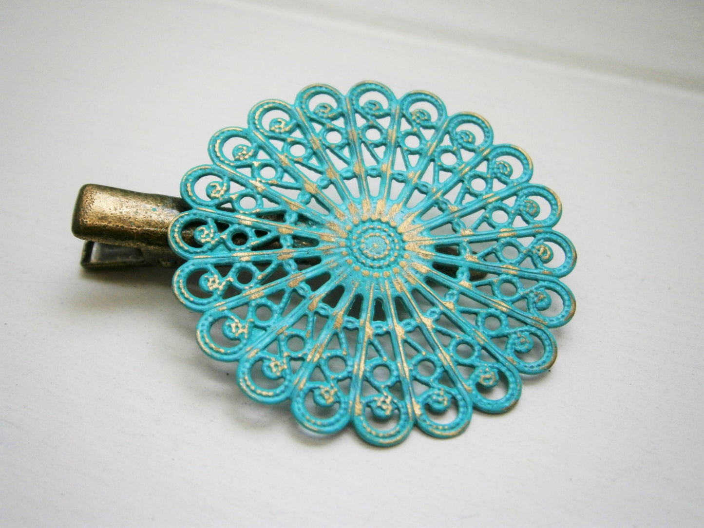 Verdigris/Turquoise Hand Painted Patina Antique Bronze Round Filigree Shabby Chic Alligator Hair Clip/Boho Hair Clip/Rustic Hair Clip.