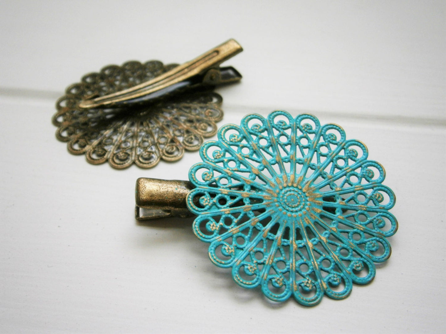 Verdigris/Turquoise Hand Painted Patina Antique Bronze Round Filigree Shabby Chic Alligator Hair Clip/Boho Hair Clip/Rustic Hair Clip.