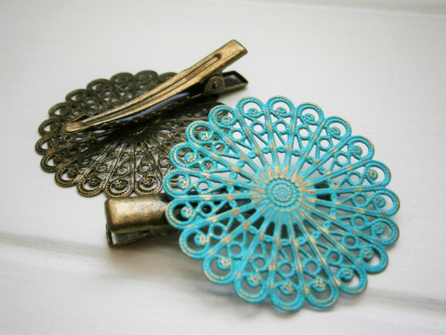 Verdigris/Turquoise Hand Painted Patina Antique Bronze Round Filigree Shabby Chic Alligator Hair Clip/Boho Hair Clip/Rustic Hair Clip.