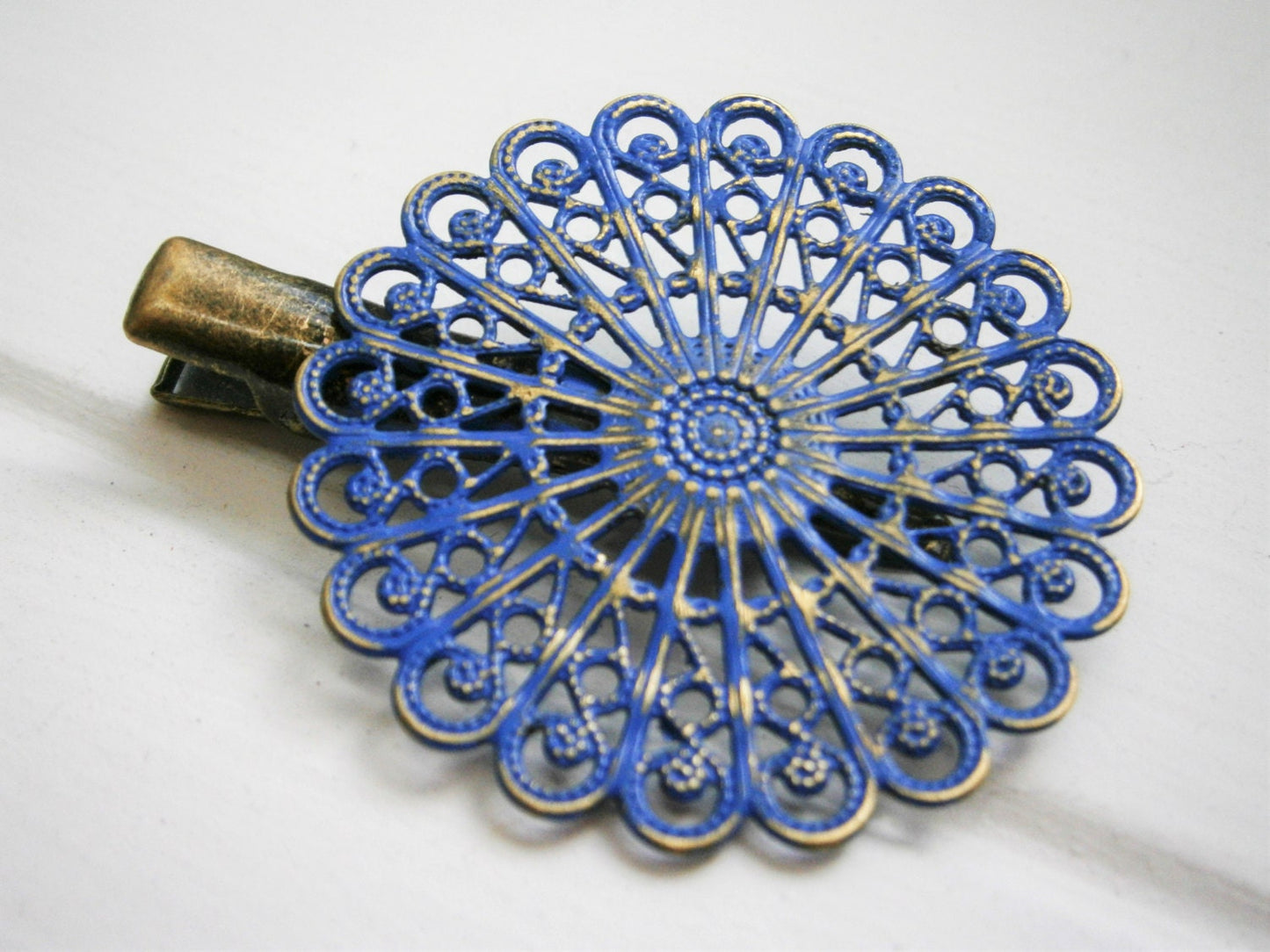 Cobalt Blue Hand Painted Patina Antique Bronze Round Filigree Shabby Chic Alligator Hair Clip/Boho Hair Clip/Rustic Hair Clip.