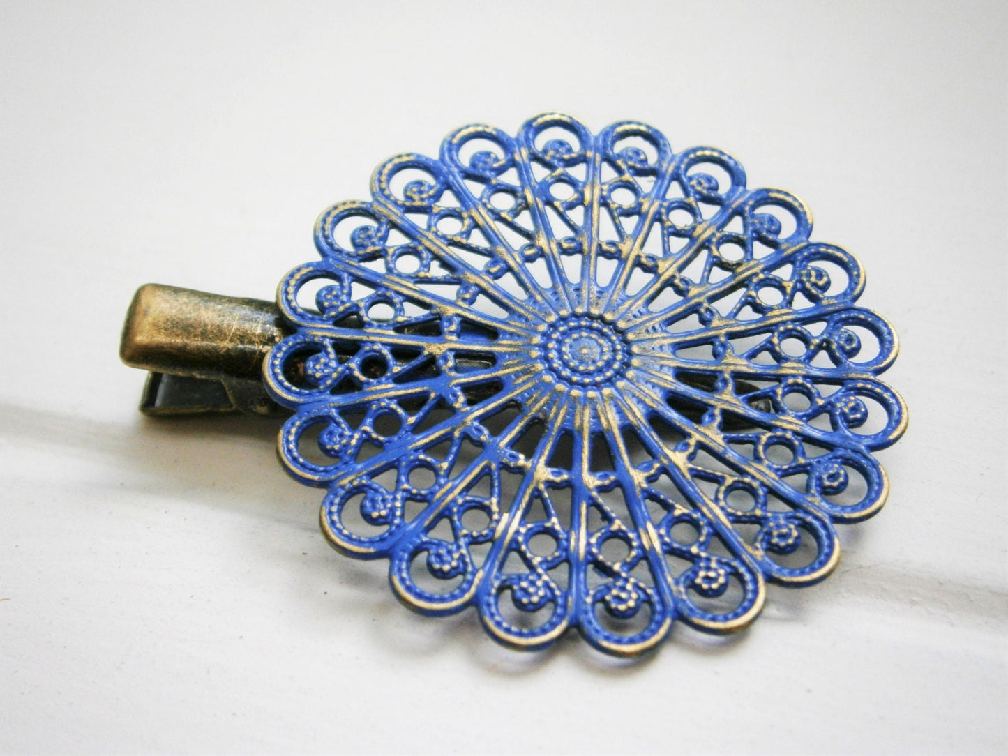 Cobalt Blue Hand Painted Patina Antique Bronze Round Filigree Shabby Chic Alligator Hair Clip/Boho Hair Clip/Rustic Hair Clip.