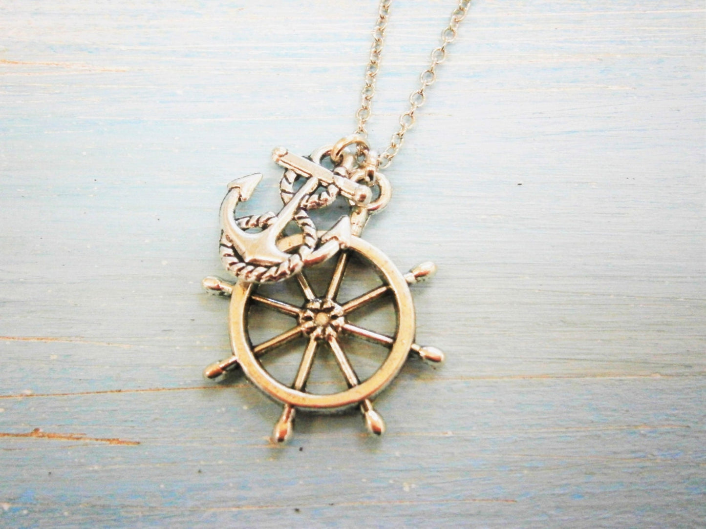 Antique Silver Small Ship Wheel Charm & Mini Anchor Charm/Boho Necklace/Nautical Necklace