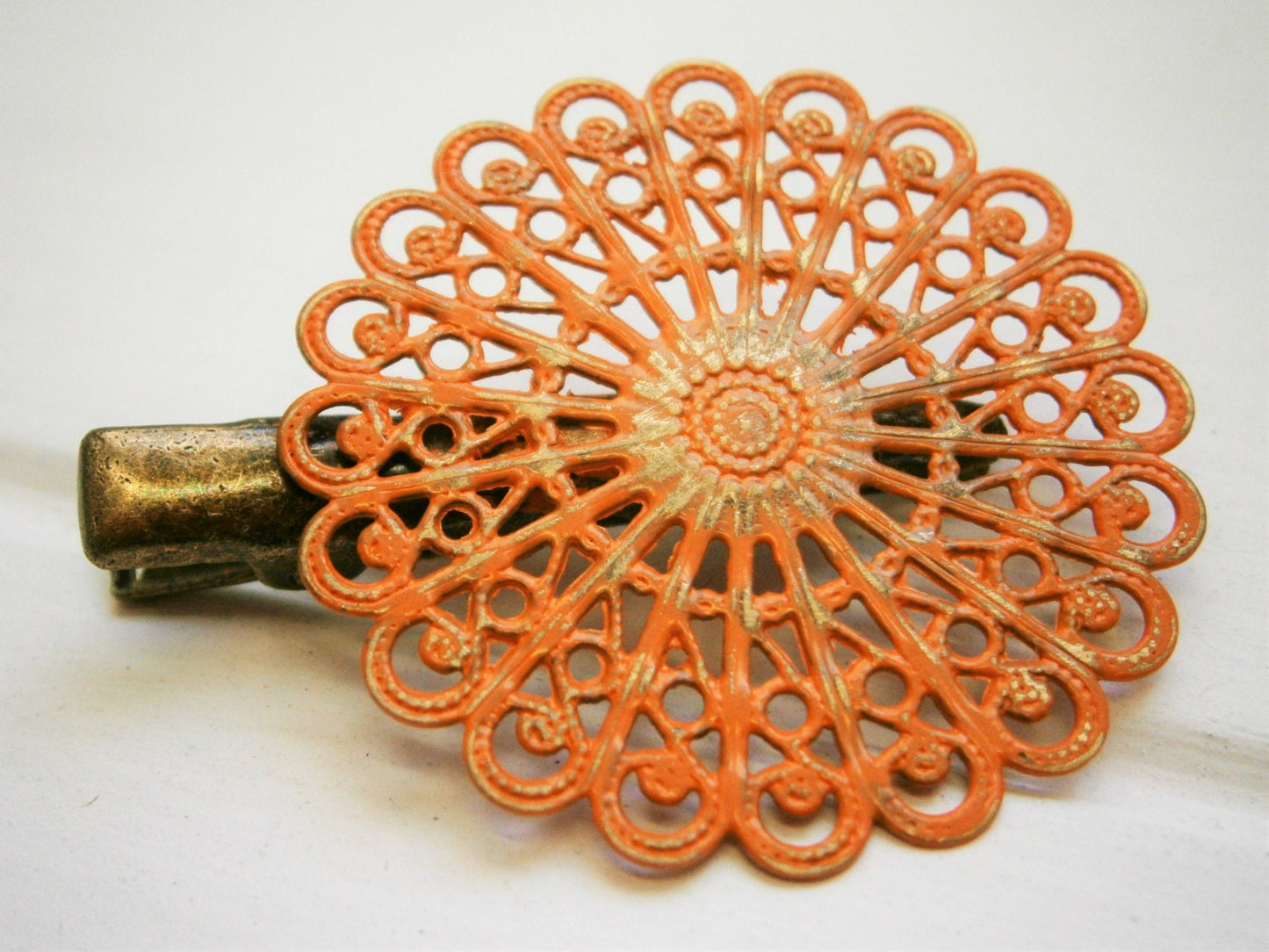 Burnt Orange Hand Painted Patina Antique Bronze Round Filigree Shabby Chic Alligator Hair Clip/Boho Hair Clip/Rustic Hair Clip.