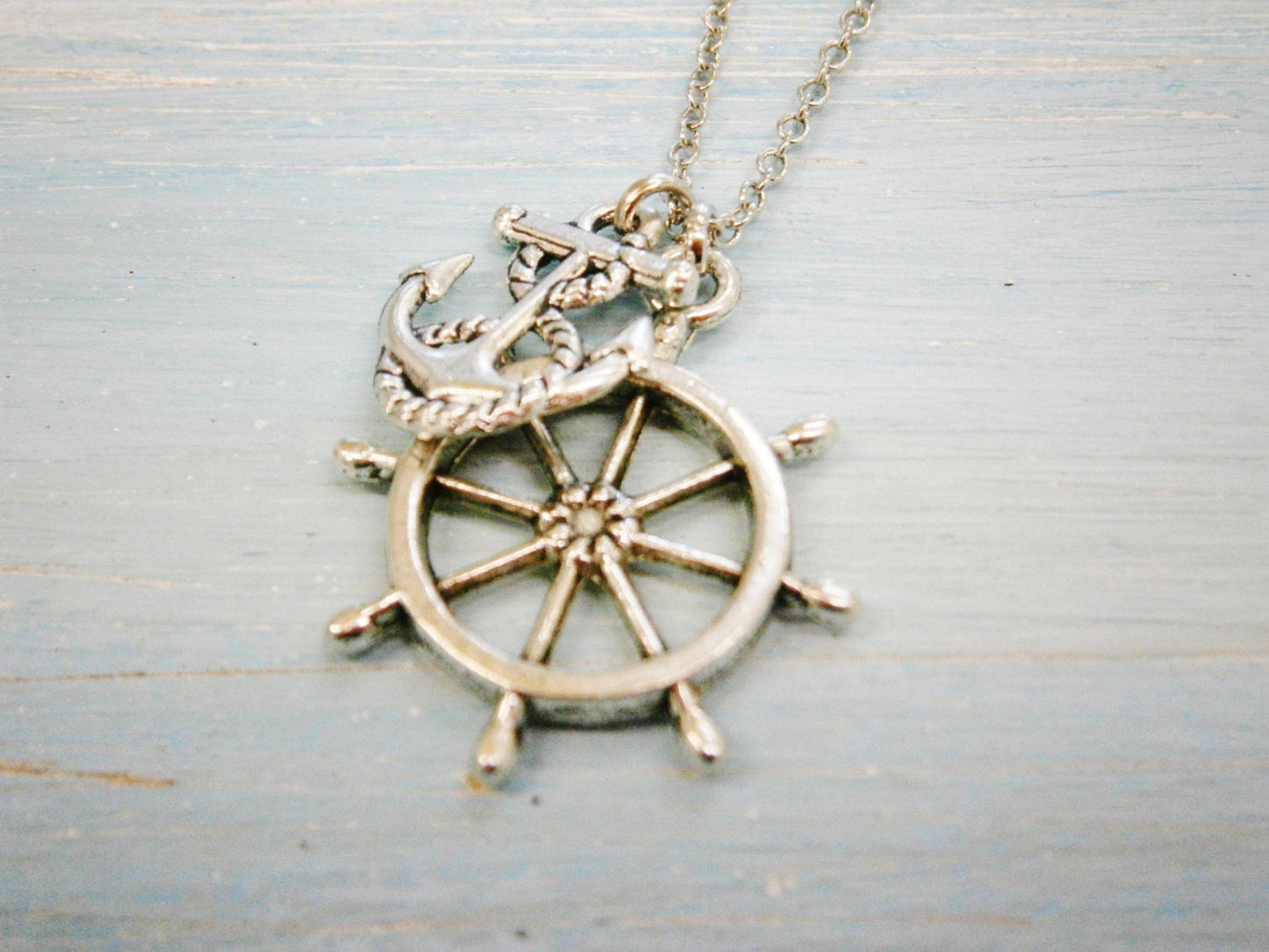 Antique Silver Small Ship Wheel Charm & Mini Anchor Charm/Boho Necklace/Nautical Necklace