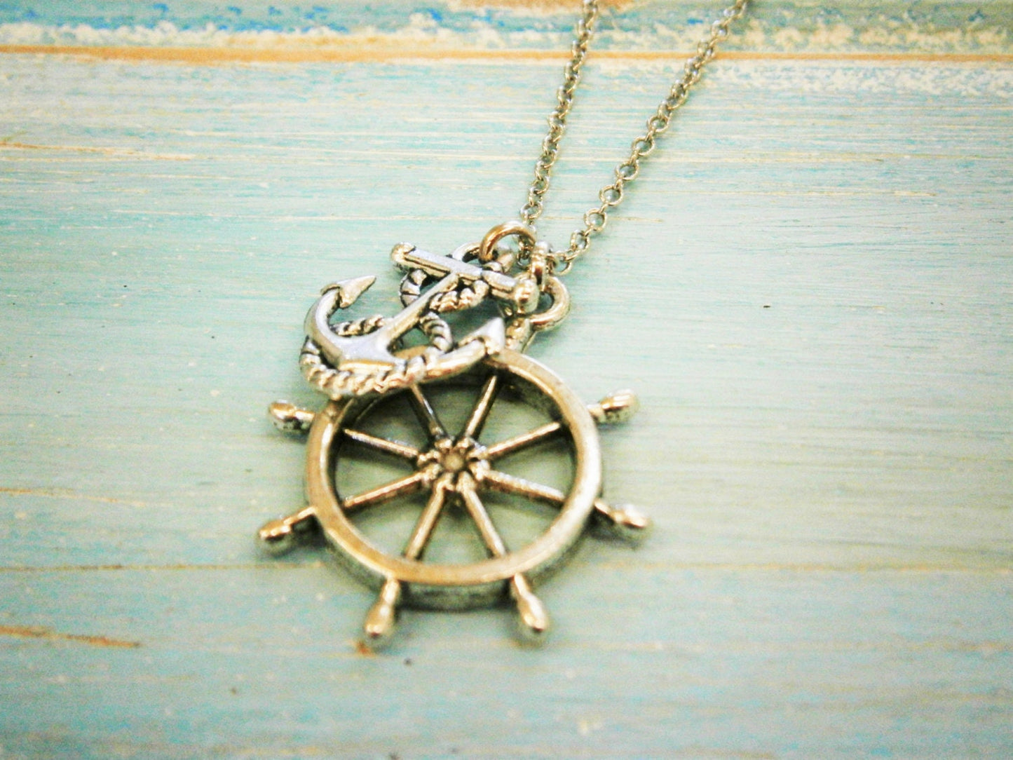 Antique Silver Small Ship Wheel Charm & Mini Anchor Charm/Boho Necklace/Nautical Necklace