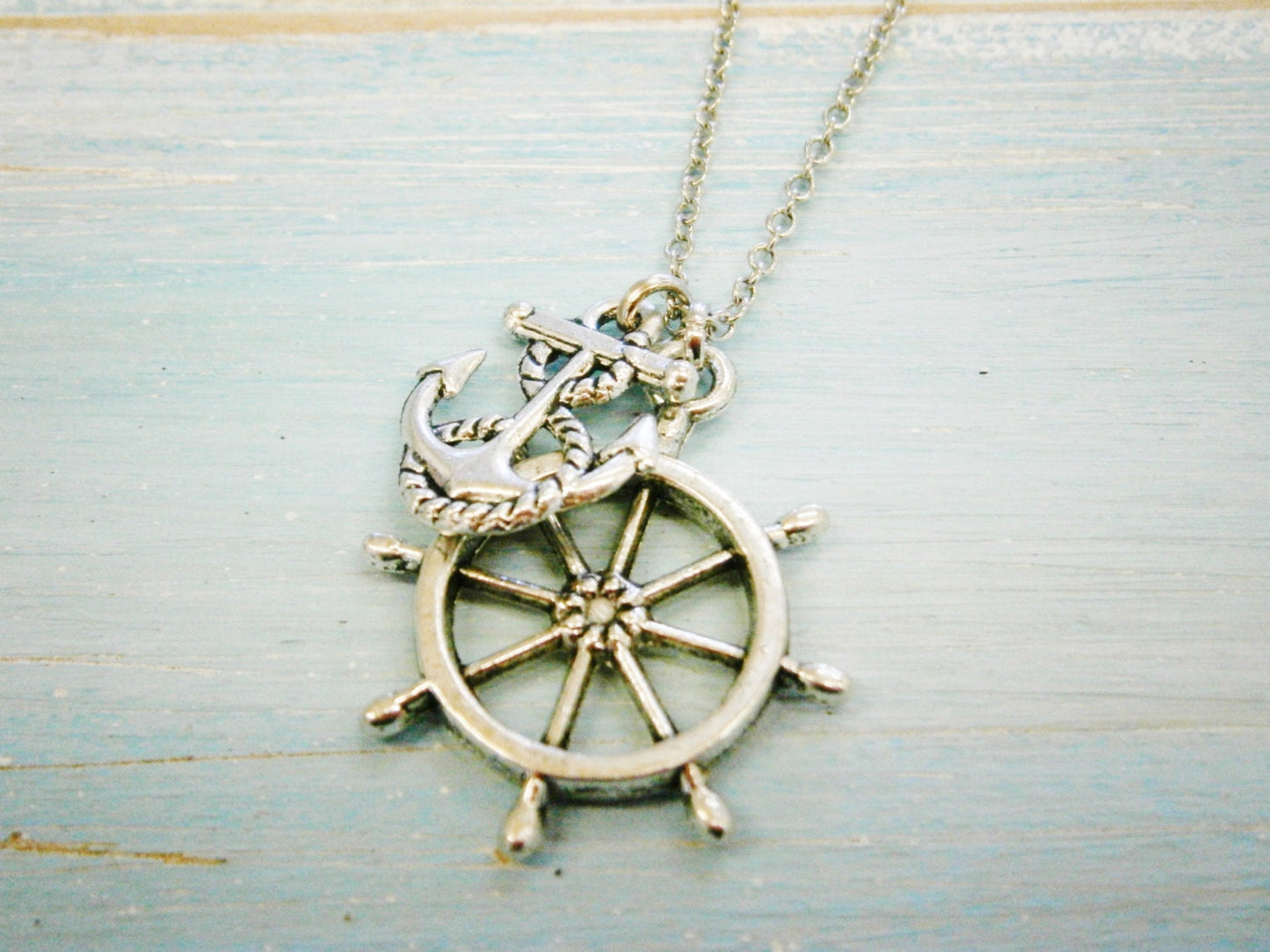 Antique Silver Small Ship Wheel Charm & Mini Anchor Charm/Boho Necklace/Nautical Necklace