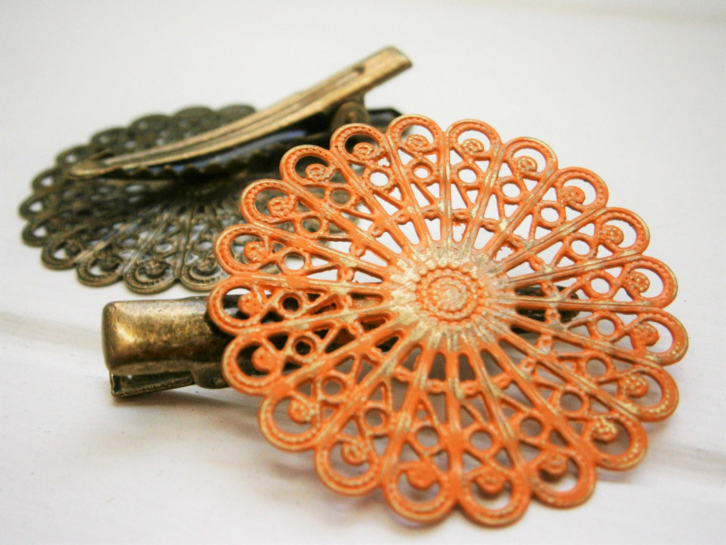 Burnt Orange Hand Painted Patina Antique Bronze Round Filigree Shabby Chic Alligator Hair Clip/Boho Hair Clip/Rustic Hair Clip.