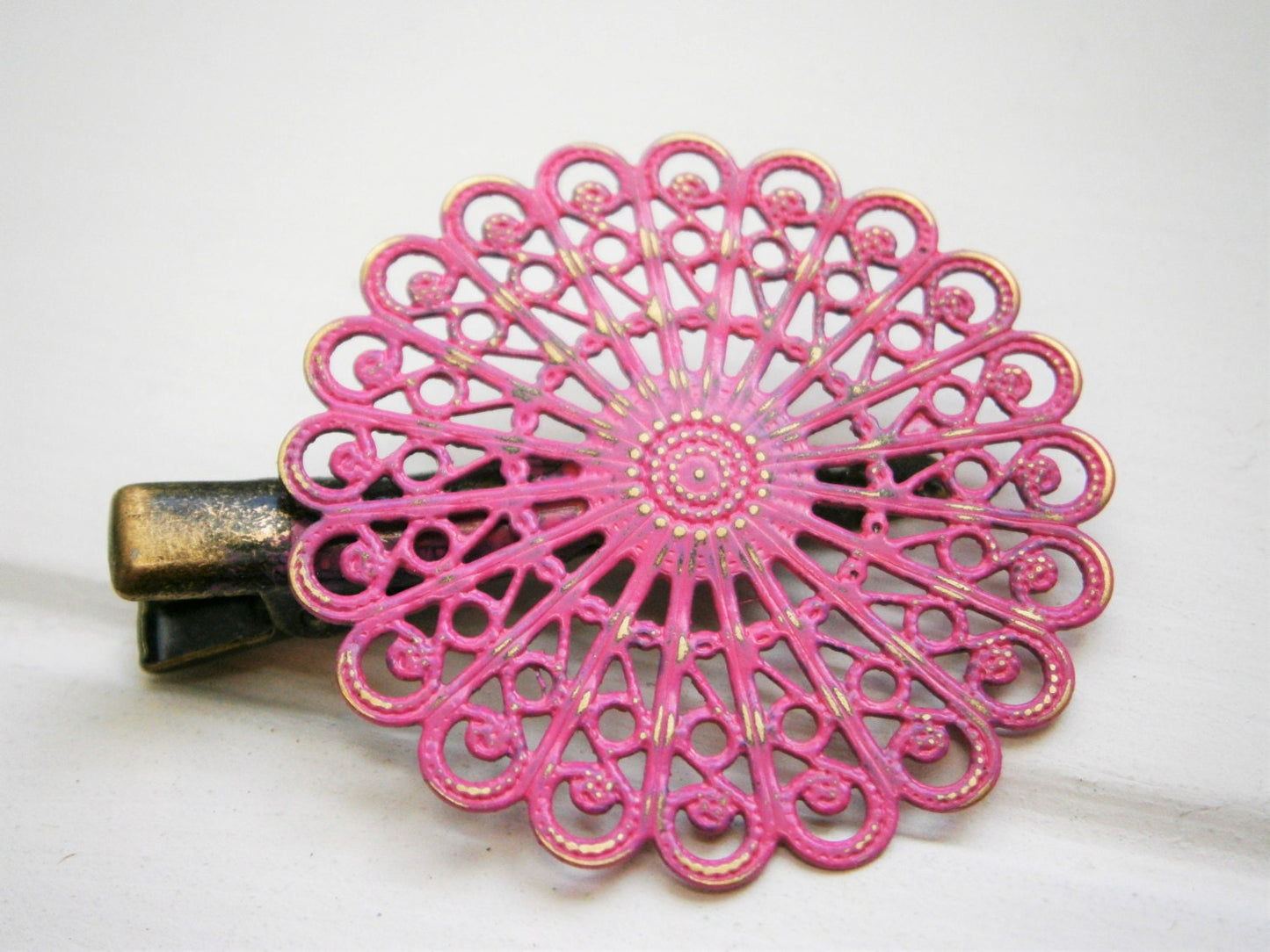 Hot Pink Hand Painted Patina Antique Bronze Round Filigree Shabby Chic Alligator Hair Clip/Boho Hair Clip/Rustic Hair Clip.