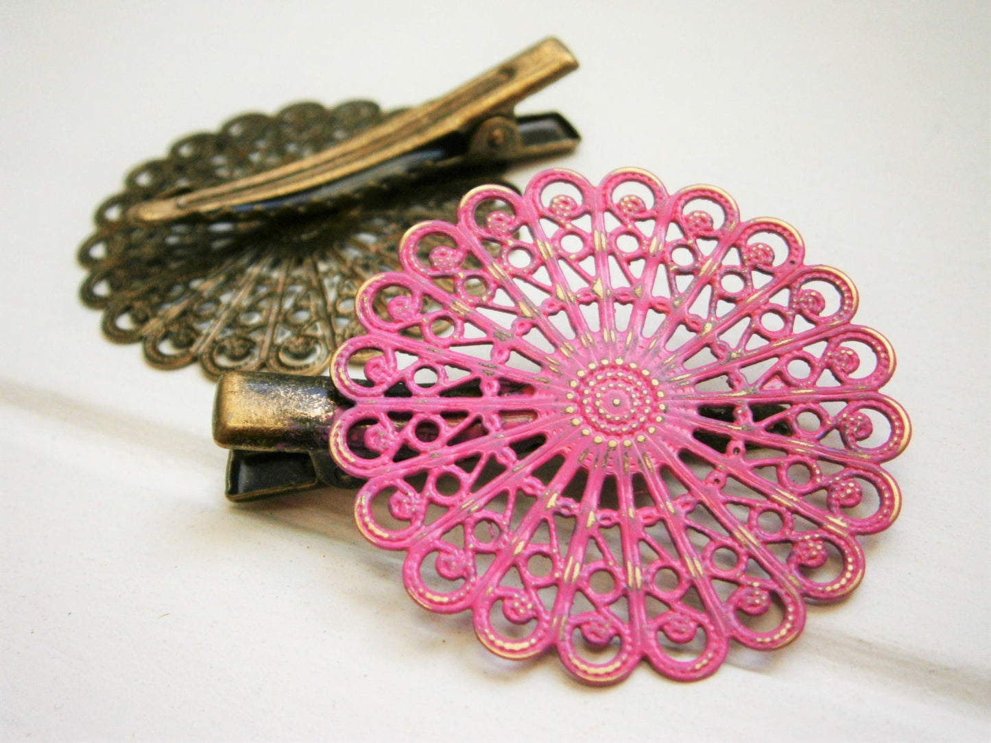 Hot Pink Hand Painted Patina Antique Bronze Round Filigree Shabby Chic Alligator Hair Clip/Boho Hair Clip/Rustic Hair Clip.