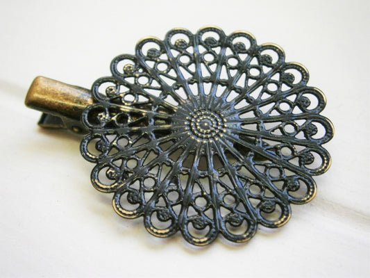 Black Hand Painted Patina Antique Bronze Round Filigree Shabby Chic Alligator Hair Clip/Boho Hair Clip/Rustic Hair Clip.