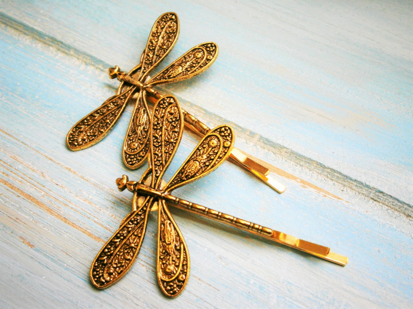 Antique Gold Plated Set of Two Dragonfly Bobby Pins, Dragonfly Hair Clips, Boho Hair Clips, Boho Hair Accessories, Wedding Hair Accessories