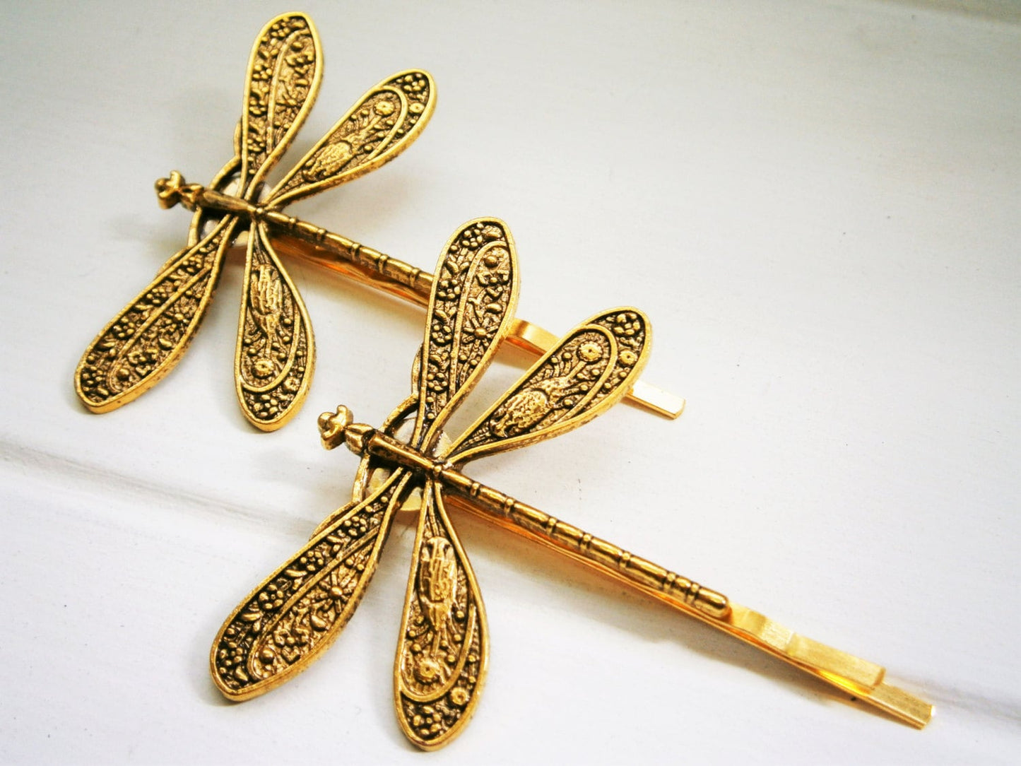 Antique Gold Plated Set of Two Dragonfly Bobby Pins, Dragonfly Hair Clips, Boho Hair Clips, Boho Hair Accessories, Wedding Hair Accessories