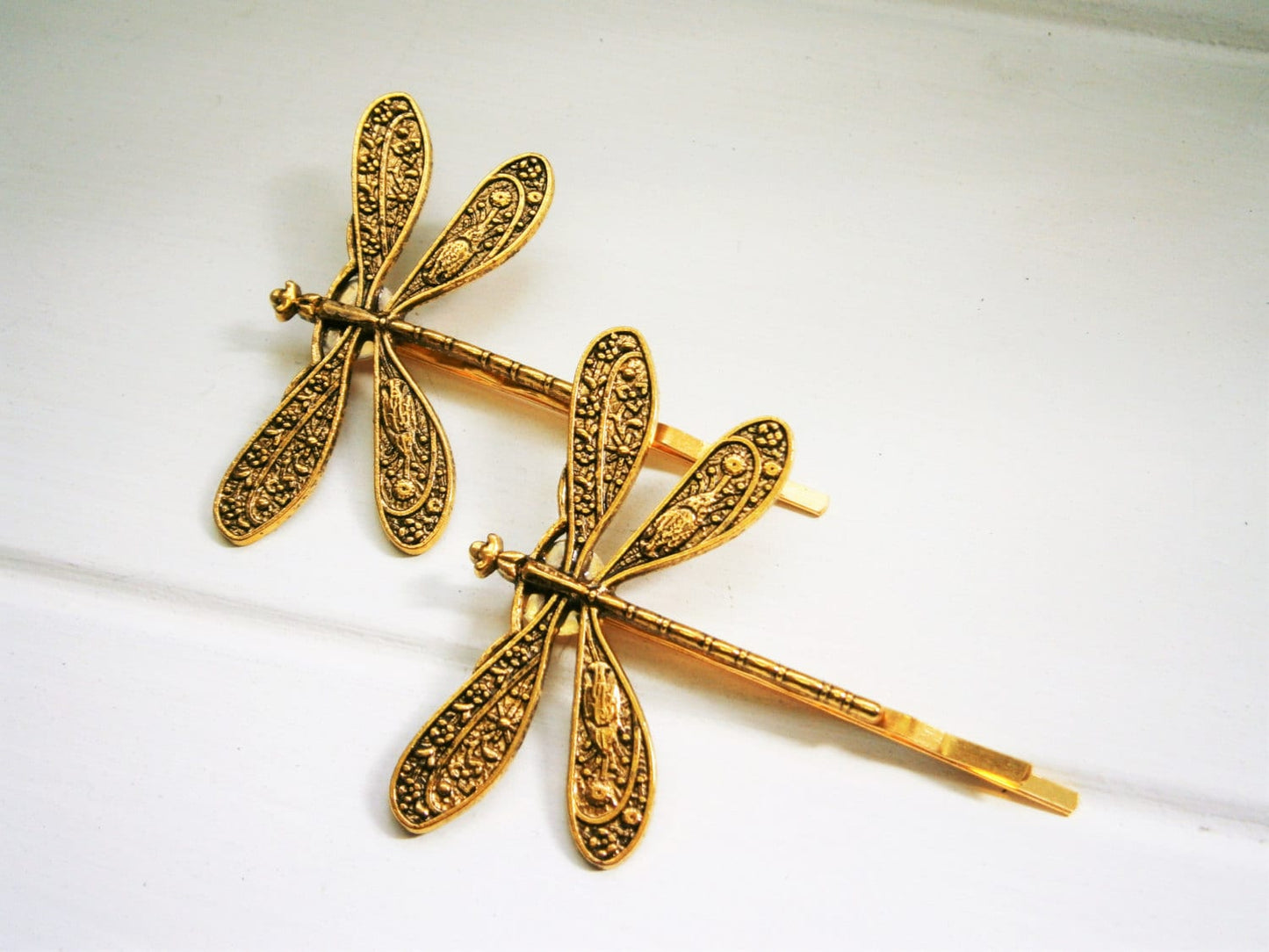 Antique Gold Plated Set of Two Dragonfly Bobby Pins, Dragonfly Hair Clips, Boho Hair Clips, Boho Hair Accessories, Wedding Hair Accessories