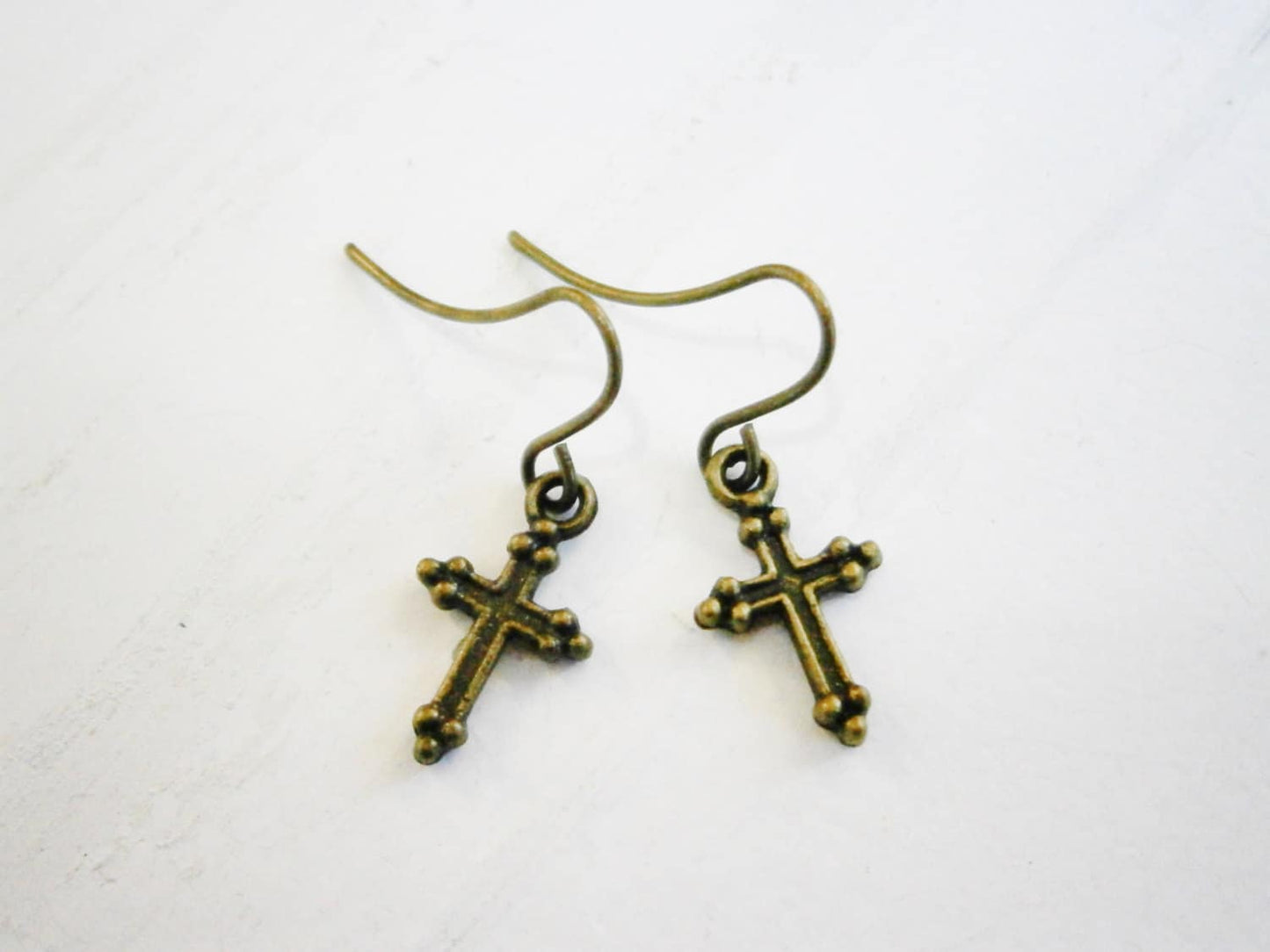 Antique Bronze Mini Cross Charm Dangle Earrings/Boho Earrings/Cross Earrings/Religious Earrings/Faith Earrings/Dainty Earrings