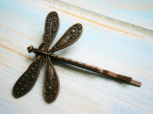 One Red Copper Plated Dragonfly Bobby Pin, Dragonfly Hair Clip, Boho Hair Clip, Boho Hair Accessory, Wedding Hair Accessory