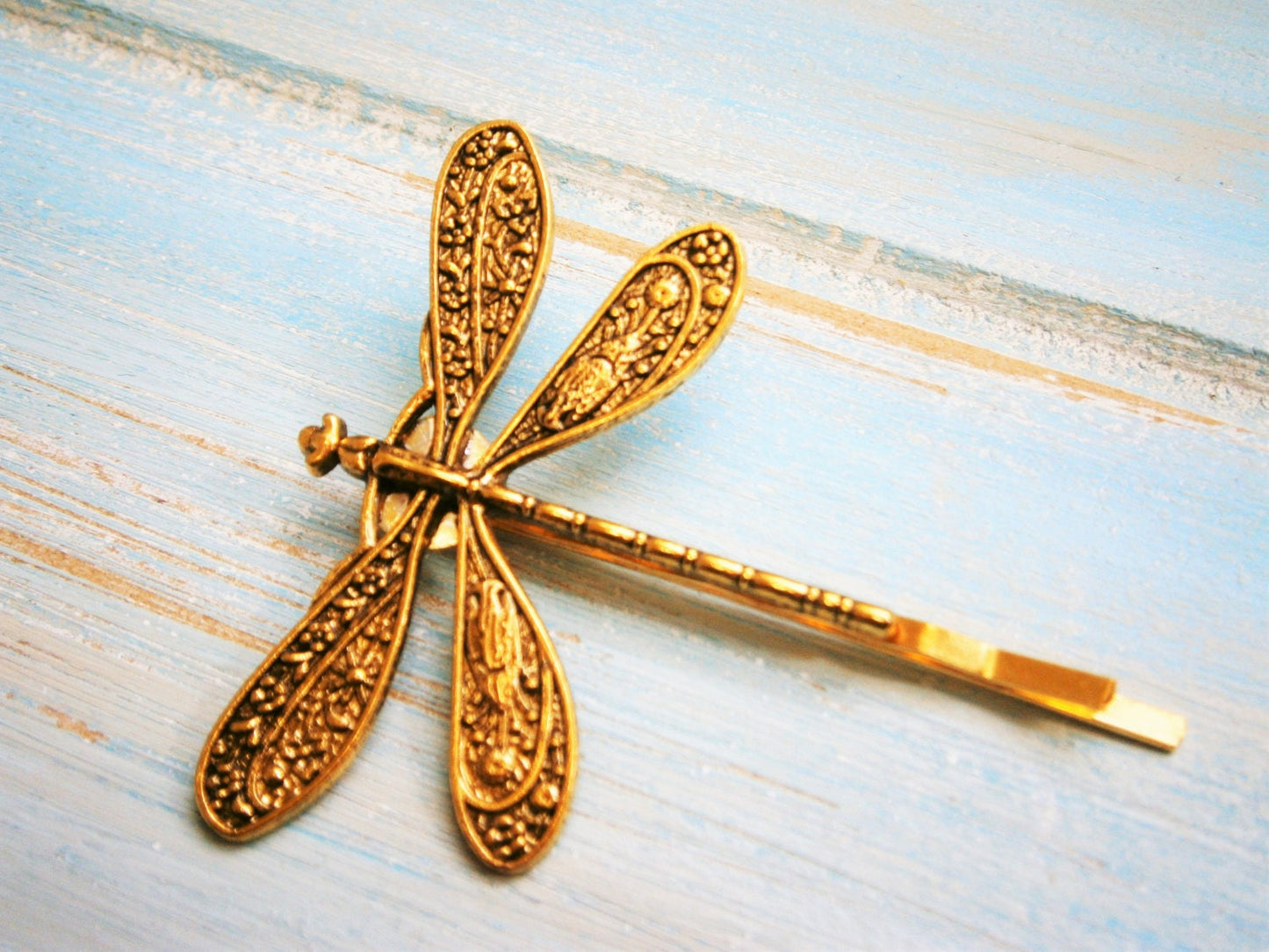 One Antique Gold Plated Dragonfly Bobby Pin, Dragonfly Hair Clip, Boho Hair Clip, Boho Hair Accessory, Wedding Hair Accessory