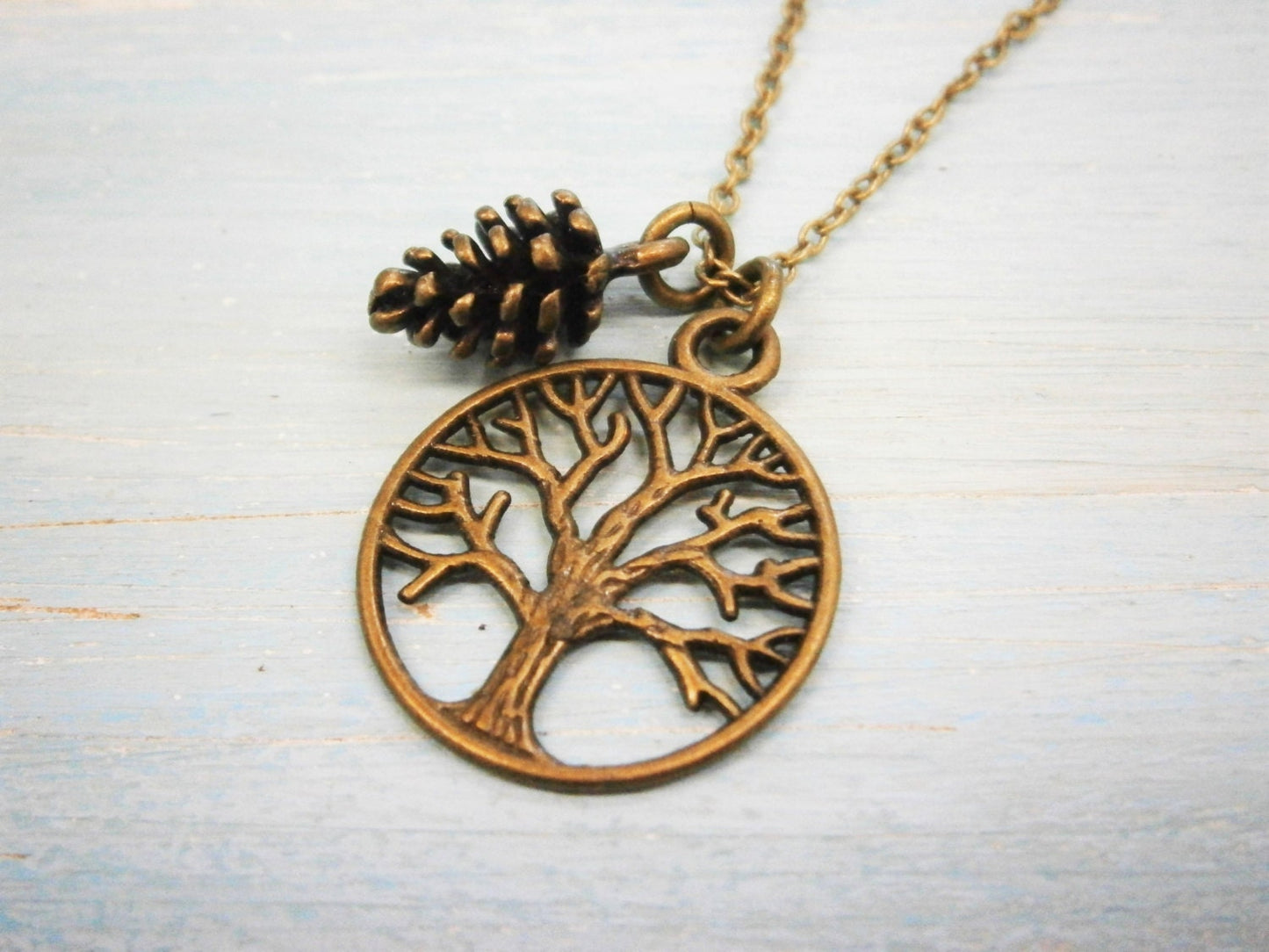 Antique Bronze Filigree Small Round Tree of Life Necklace Charm with Pincone Charm/Boho Necklace/Nature Necklace/Nature Inspired Jewellery