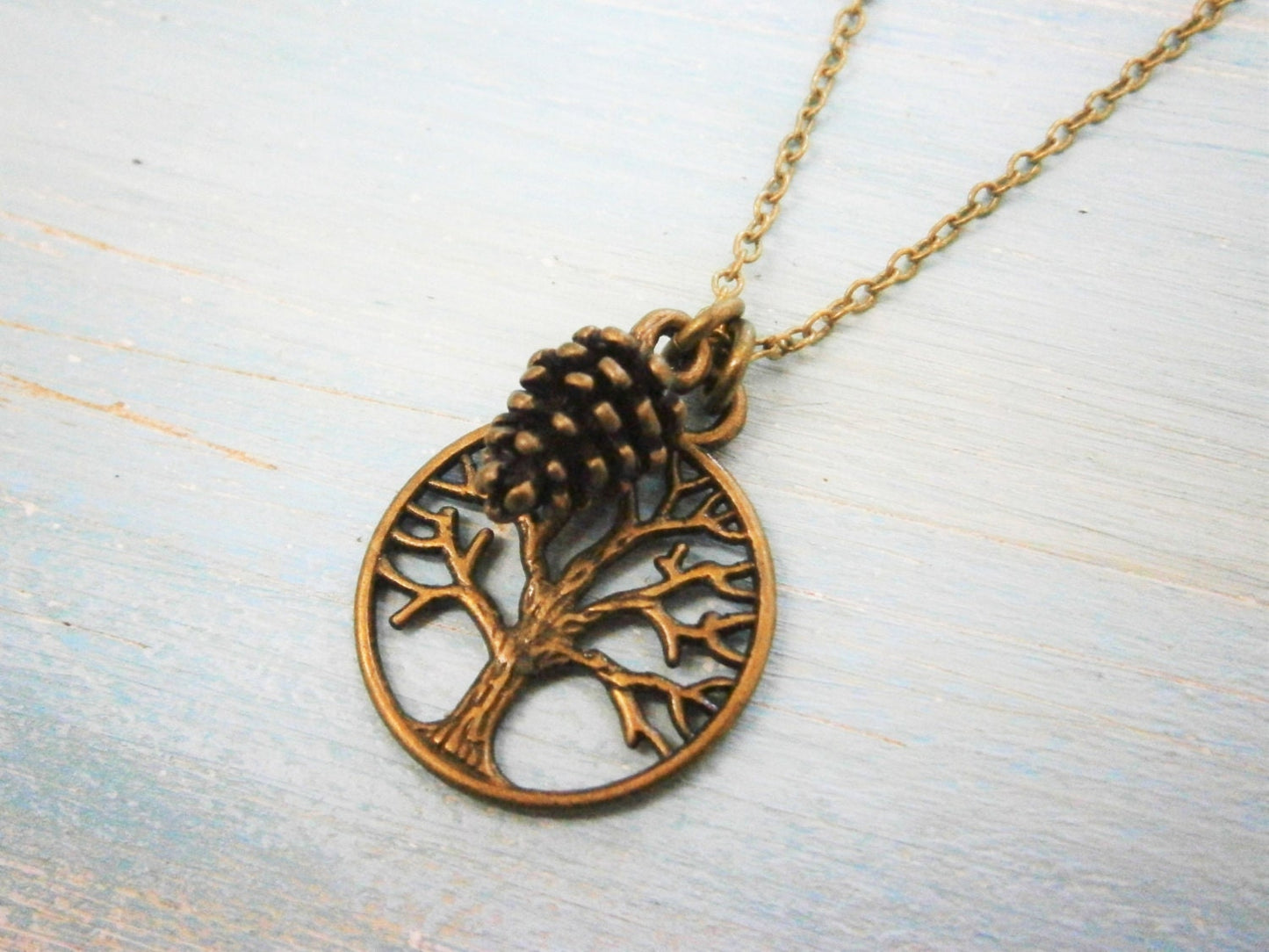 Antique Bronze Filigree Small Round Tree of Life Necklace Charm with Pincone Charm/Boho Necklace/Nature Necklace/Nature Inspired Jewellery