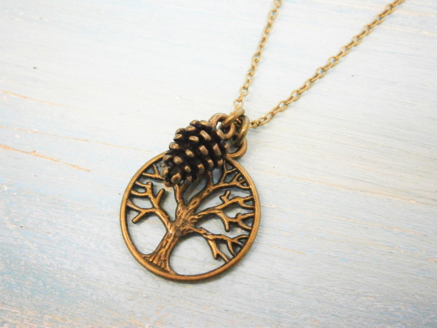 Antique Bronze Filigree Small Round Tree of Life Necklace Charm with Pincone Charm/Boho Necklace/Nature Necklace/Nature Inspired Jewellery