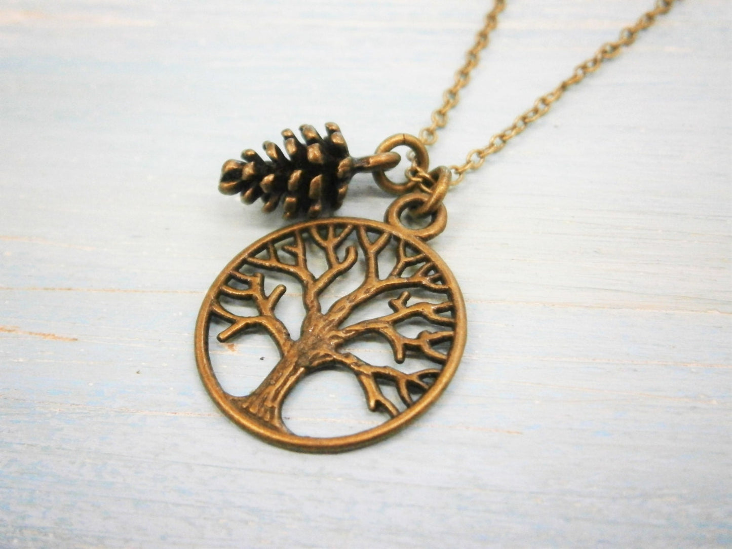 Antique Bronze Filigree Small Round Tree of Life Necklace Charm with Pincone Charm/Boho Necklace/Nature Necklace/Nature Inspired Jewellery