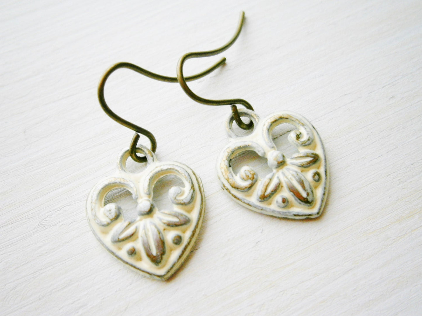 Small Antique White Patina Victorian Style Heart Charm On Antique Bronze French Earring Hooks/Bridal Earrings/Vintage Inspired/Shabby Chic.