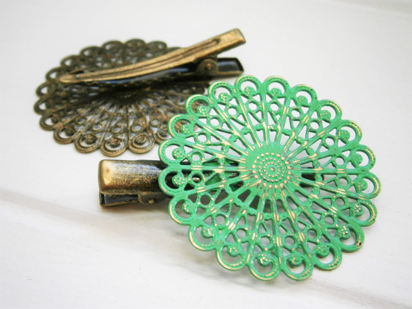 Emerald Hand Painted Patina Antique Bronze Round Filigree Shabby Chic Alligator Hair Clip/Boho Hair Clip/Rustic Hair Clip.