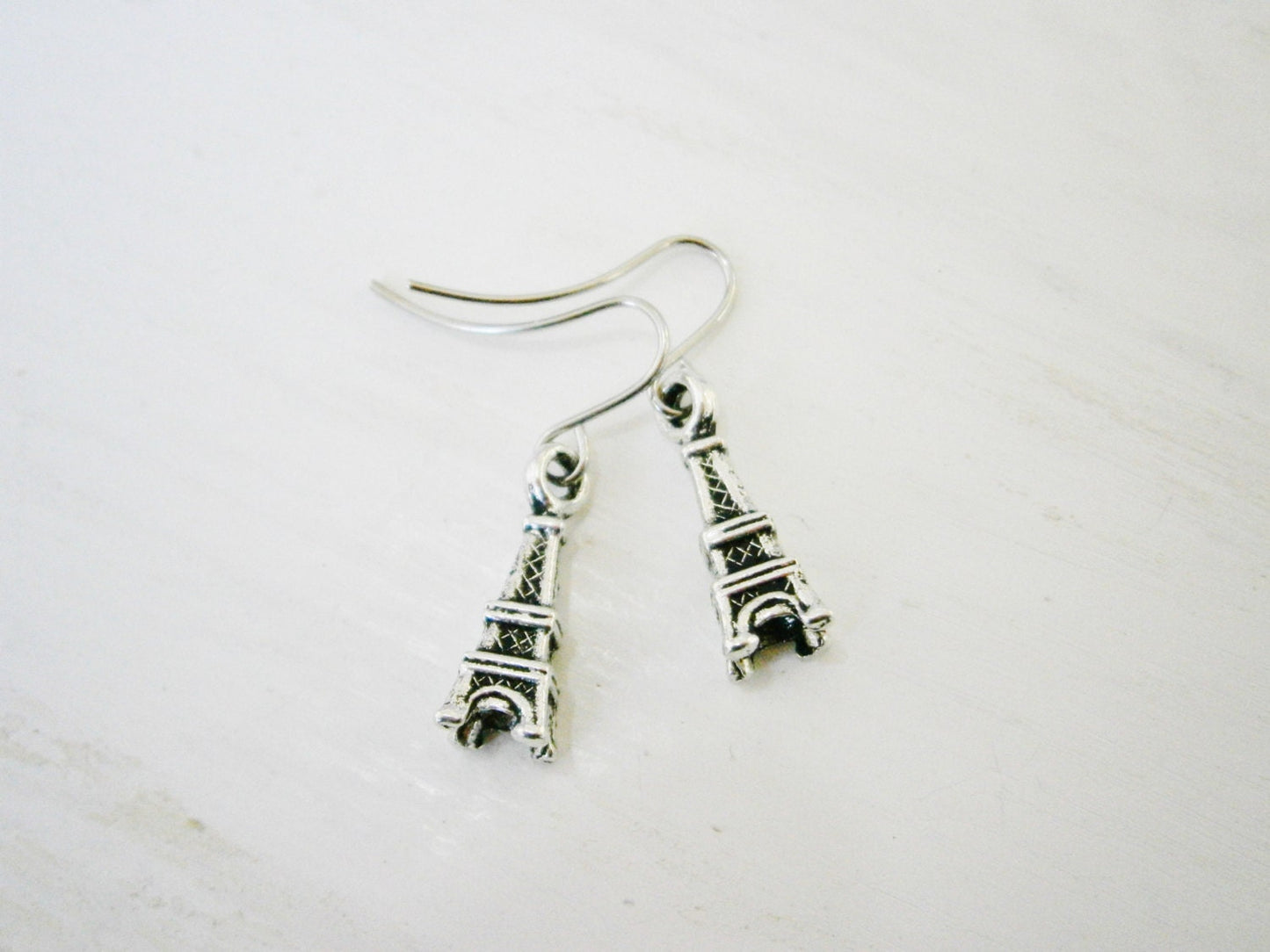 Small Antique Silver Eiffel Tower Charm On Stainless Steel French Earring Hooks/Paris Inspired Earrings/Romance Earrings/Paris Jewerly