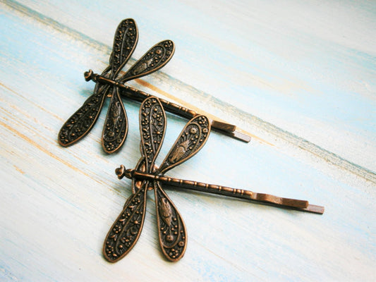 Red Copper Plated Set of 2 Dragonfly Bobby Pins, Dragonfly Hair Clips, Boho Hair Clips, Boho Hair Accessories, Wedding Hair Accessories