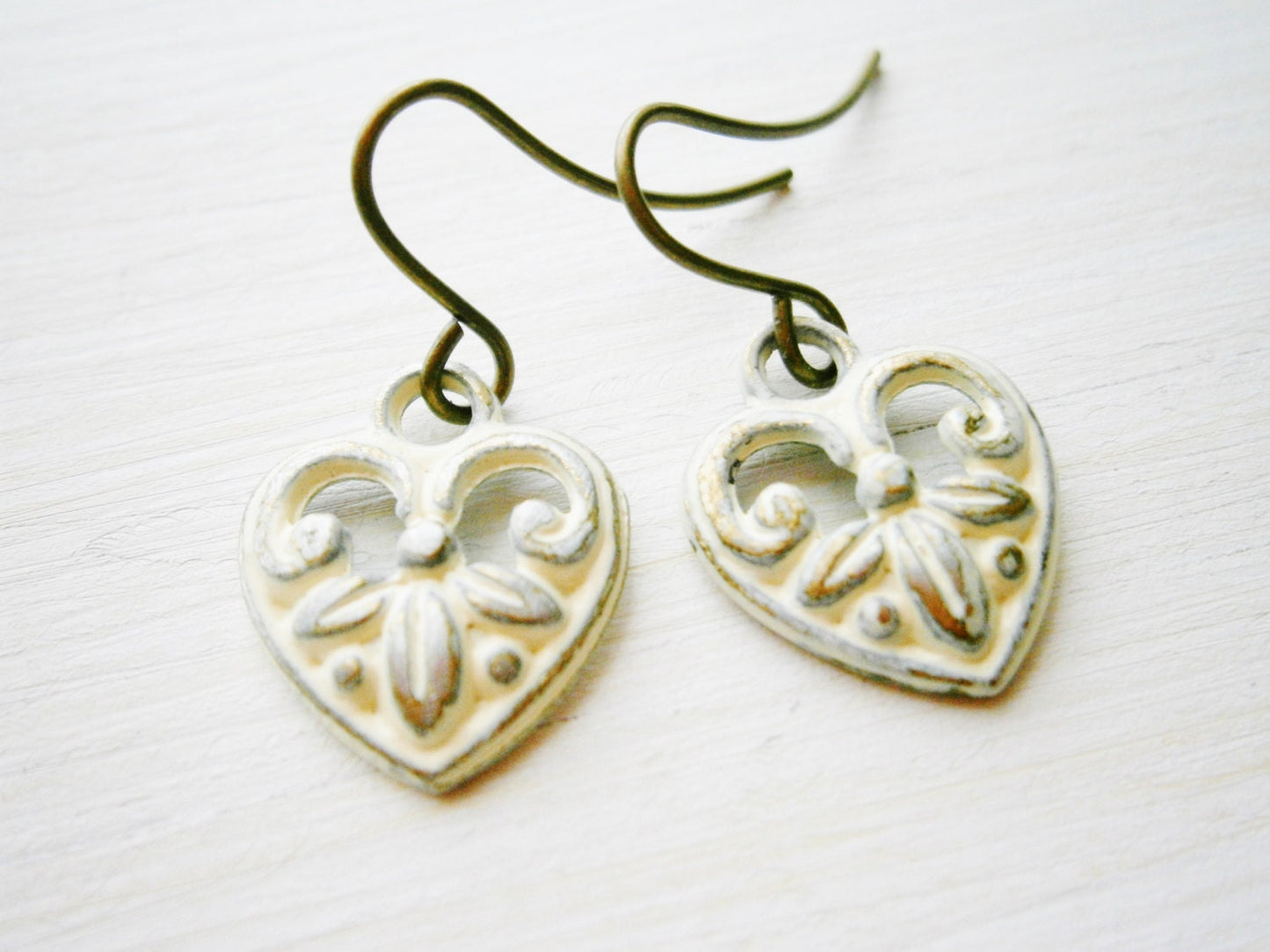 Small Antique White Patina Victorian Style Heart Charm On Antique Bronze French Earring Hooks/Bridal Earrings/Vintage Inspired/Shabby Chic.