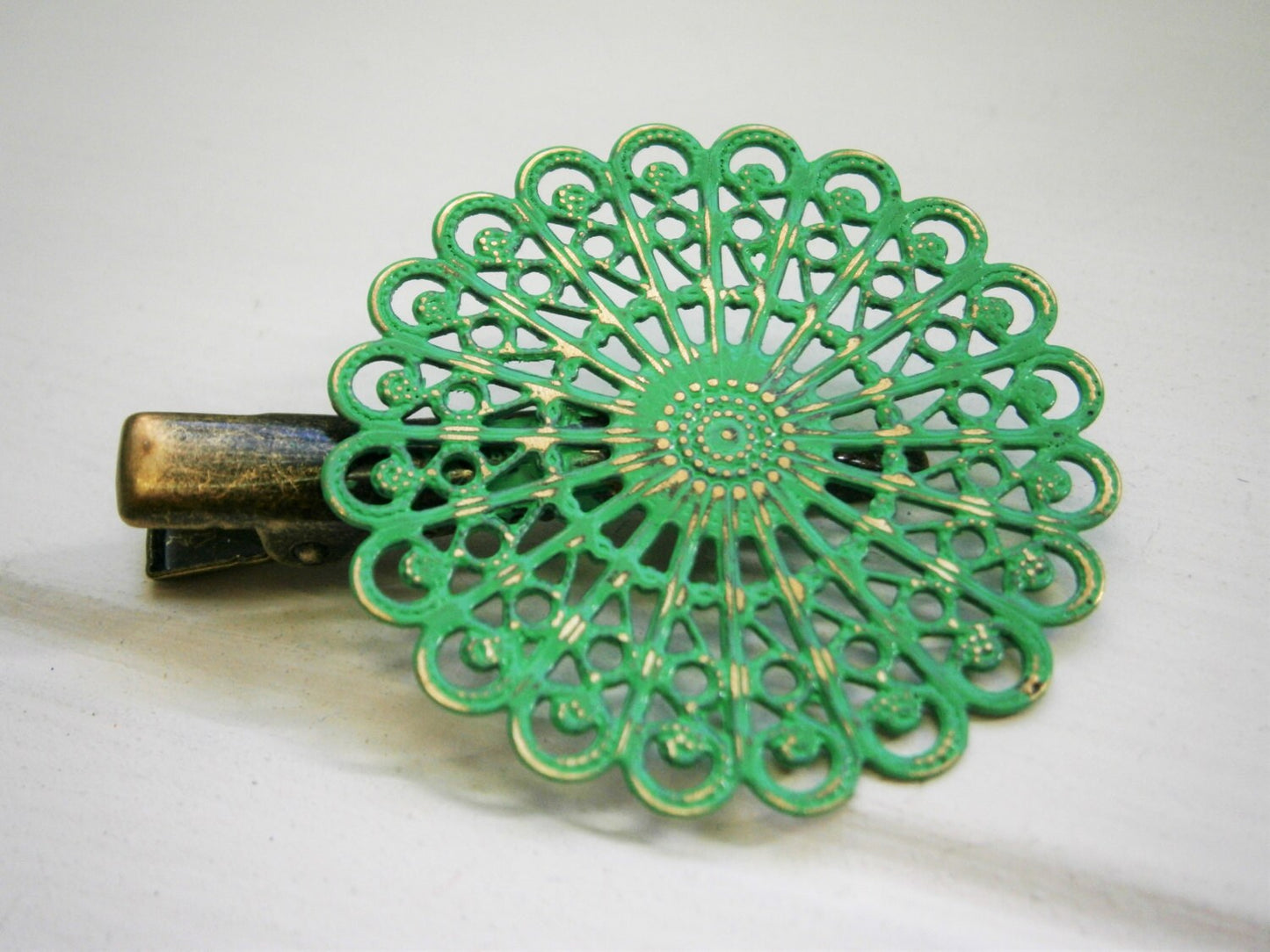 Emerald Hand Painted Patina Antique Bronze Round Filigree Shabby Chic Alligator Hair Clip/Boho Hair Clip/Rustic Hair Clip.