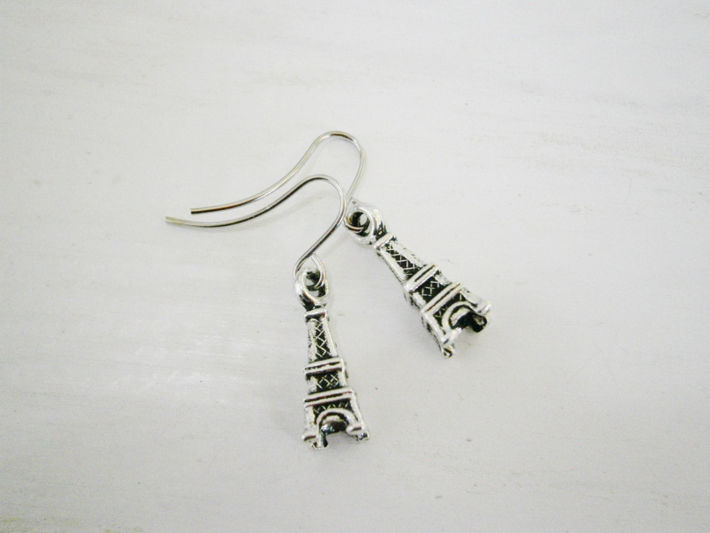 Small Antique Silver Eiffel Tower Charm On Stainless Steel French Earring Hooks/Paris Inspired Earrings/Romance Earrings/Paris Jewerly