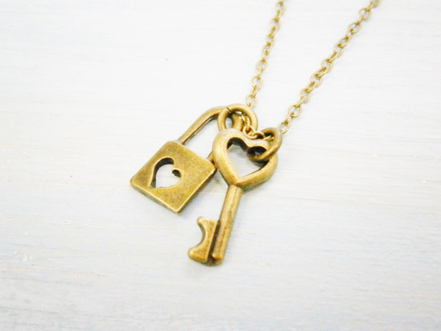 Dainty Antique Bronze Mini Heart Skeleton Key with Mini Lock Heart Charm Necklace/Boho Necklace/Love Necklace/Romance Inspired Jewellery