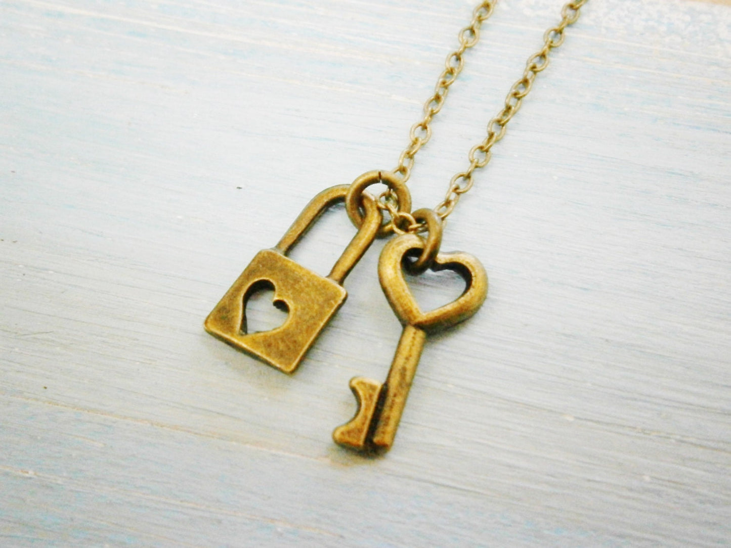 Dainty Antique Bronze Mini Heart Skeleton Key with Mini Lock Heart Charm Necklace/Boho Necklace/Love Necklace/Romance Inspired Jewellery