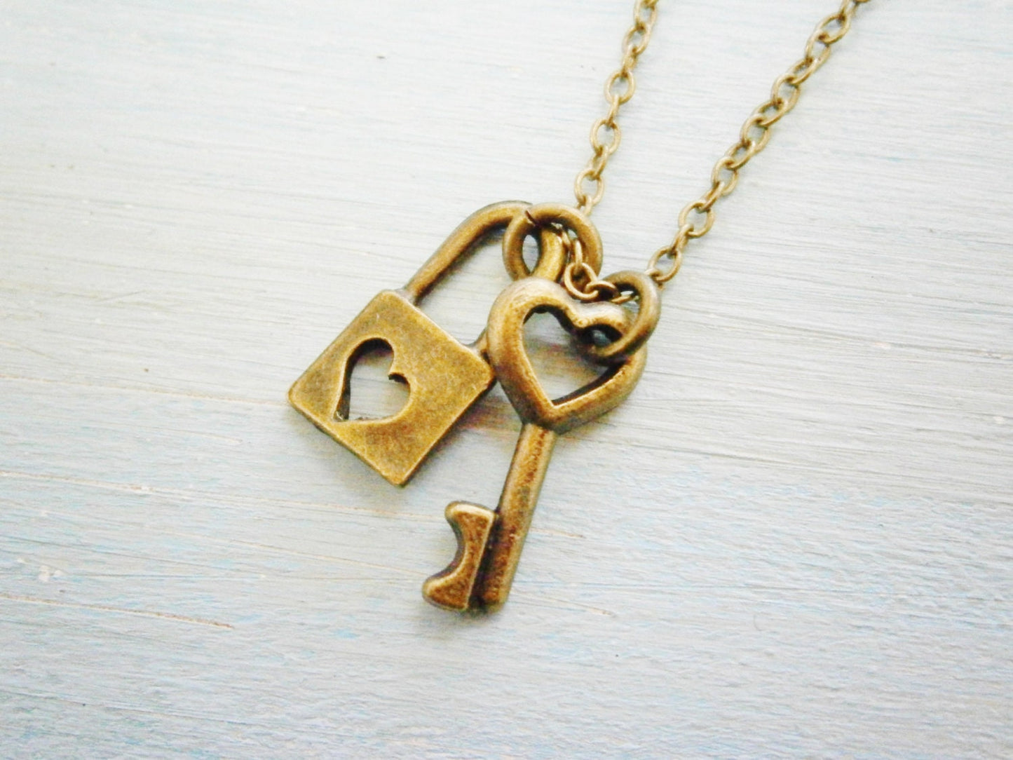 Dainty Antique Bronze Mini Heart Skeleton Key with Mini Lock Heart Charm Necklace/Boho Necklace/Love Necklace/Romance Inspired Jewellery