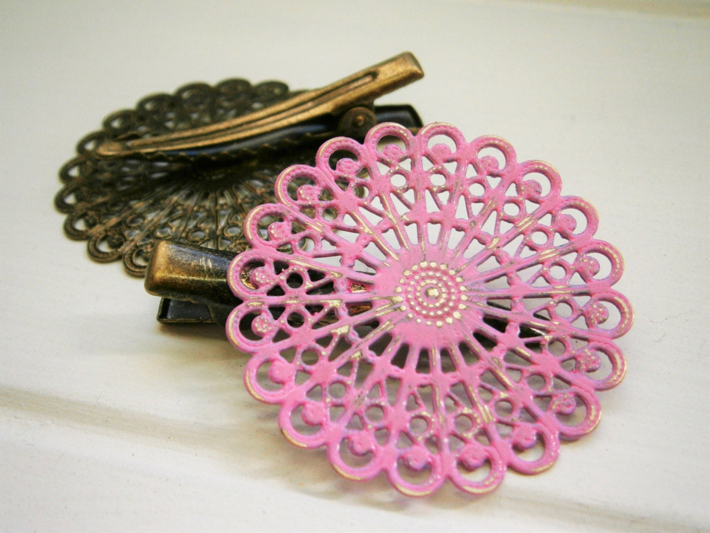 Soft Pink Hand Painted Patina Antique Bronze Round Filigree Shabby Chic Alligator Hair Clip/Boho Hair Clip/Rustic Hair Clip.