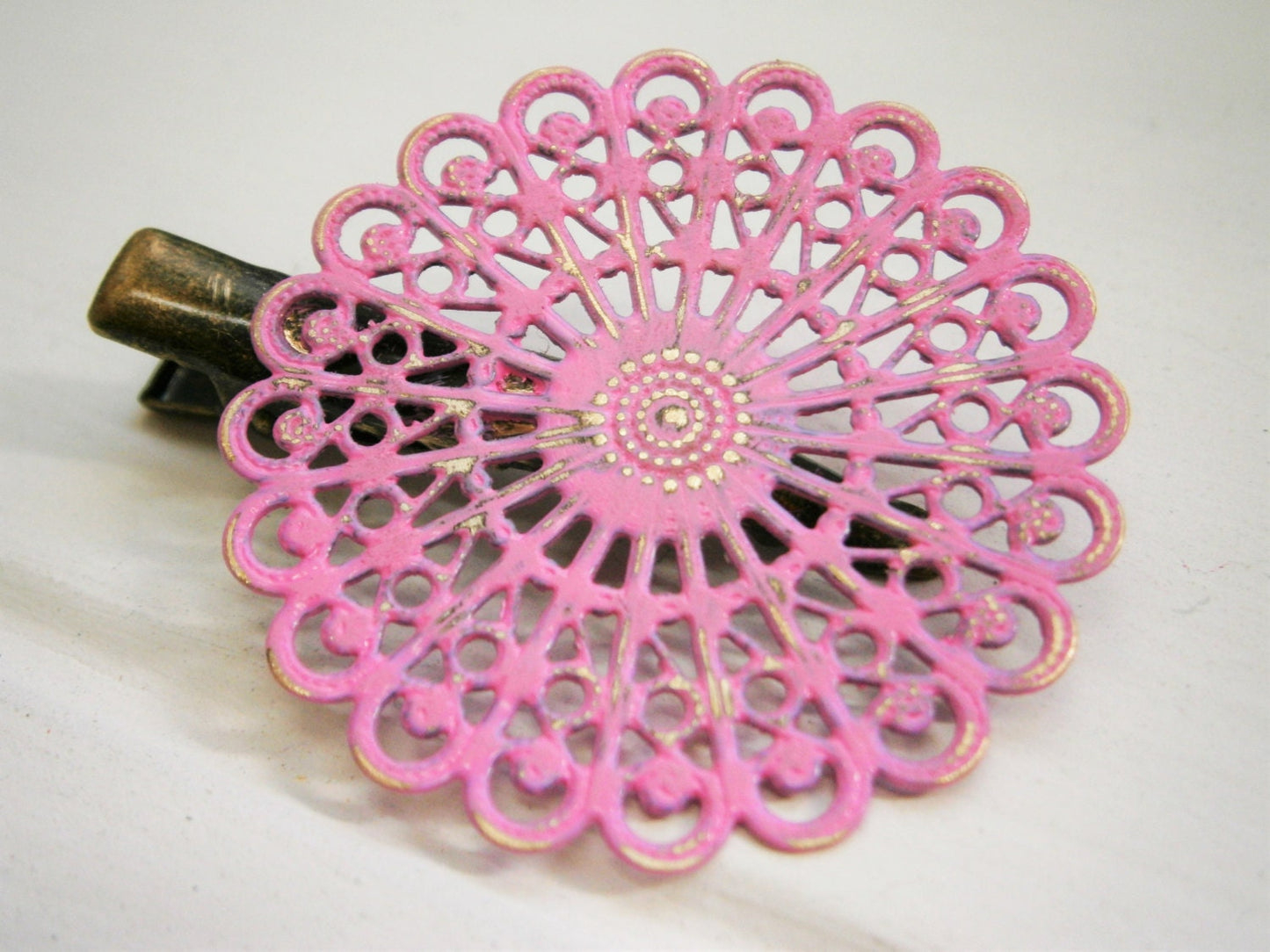 Soft Pink Hand Painted Patina Antique Bronze Round Filigree Shabby Chic Alligator Hair Clip/Boho Hair Clip/Rustic Hair Clip.