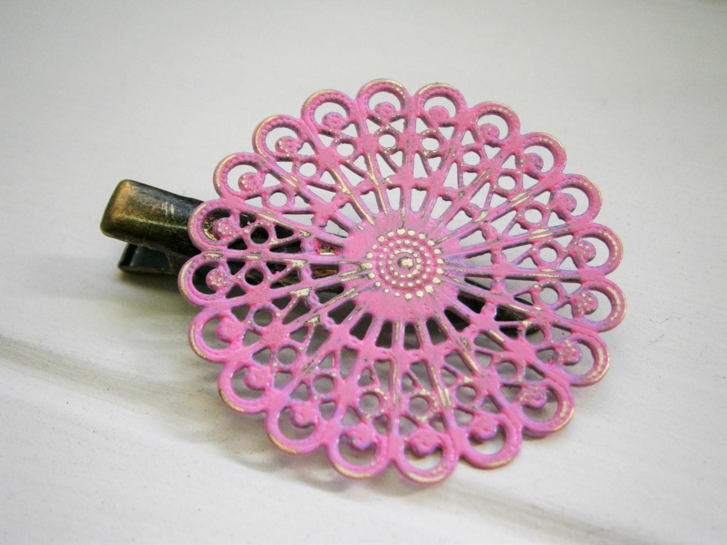 Soft Pink Hand Painted Patina Antique Bronze Round Filigree Shabby Chic Alligator Hair Clip/Boho Hair Clip/Rustic Hair Clip.